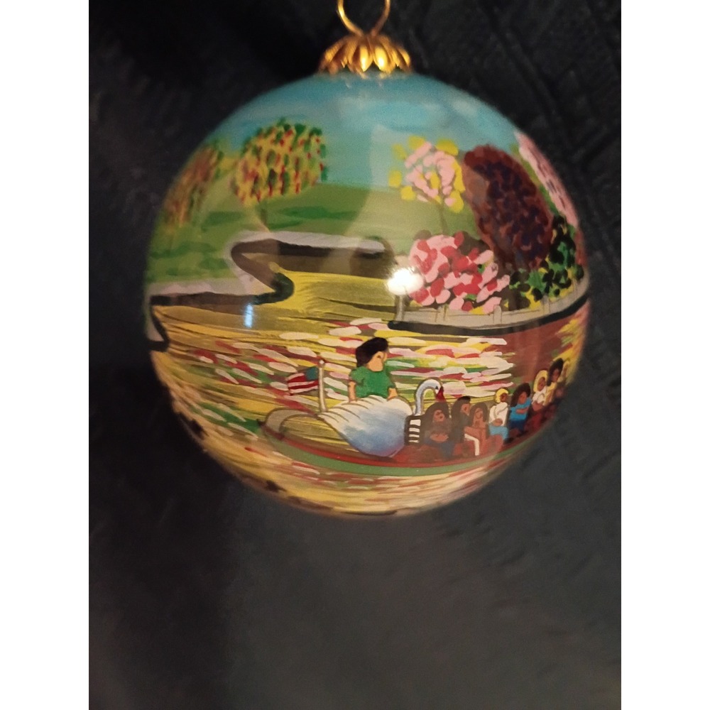 Hand Painted Glass Ball Ornament Swan Boat Park Scene Landscape Gold Cap